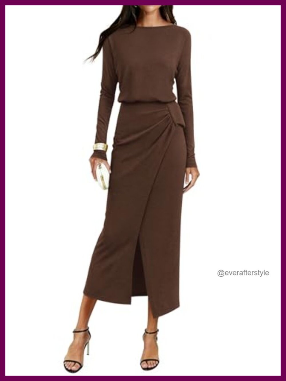 Knit Wrap Maxi Dress Boat Neck Ruched Front Slit Long Sleeve Wedding Guest